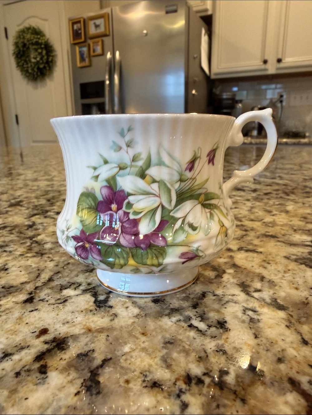 Royal Dover Bone China Teacup Floral Purple Green Blue & Gold Accents - England